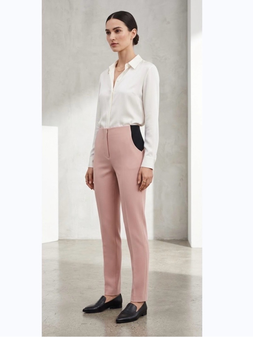 Les Copains Wool-Blend Straight Leg Pant Tan / Beige w/ Wide Black Elastic Sides